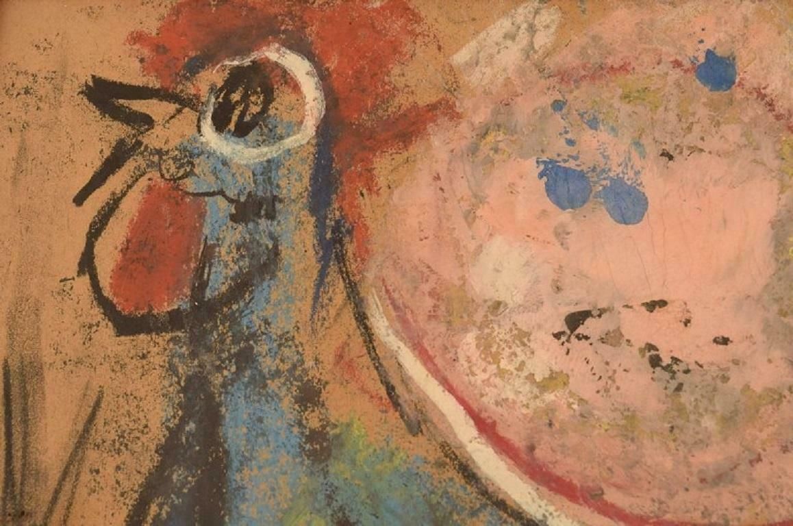 Mette Doller, Danish Artist, Mixed Media Art On Paper, Rooster, Dated 1959 photo furniture