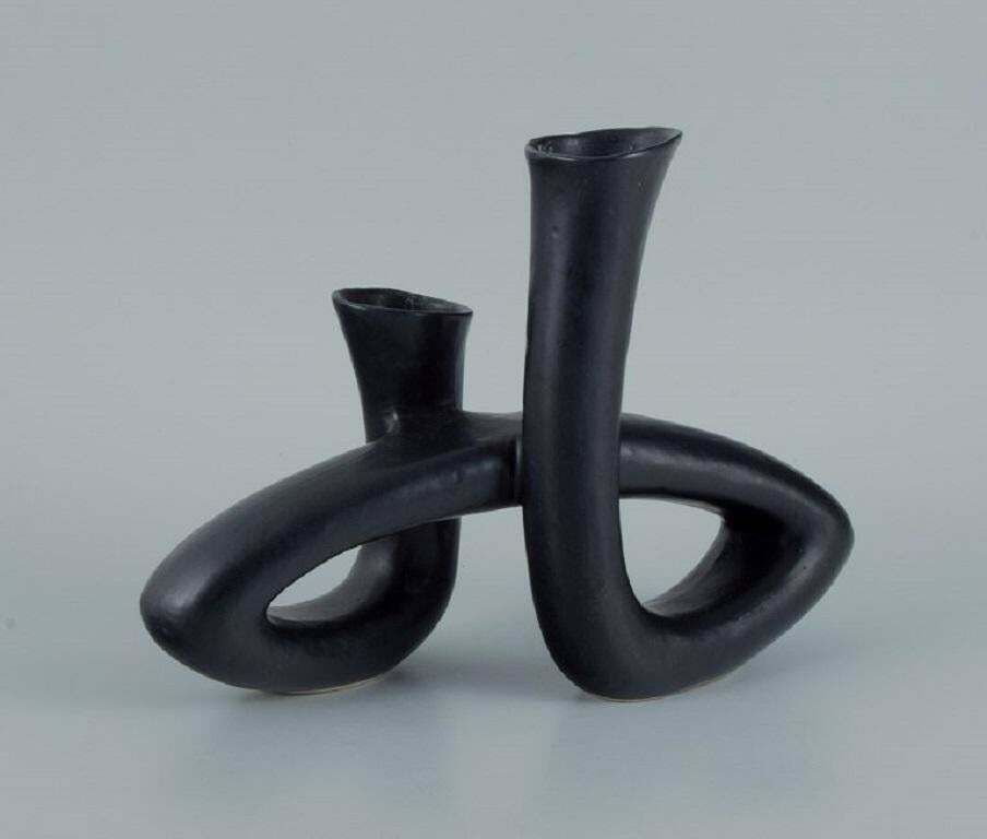 European Studio Ceramicist. Unique Twisted Vase In Black Glaze. Late 1900s. photo for sale