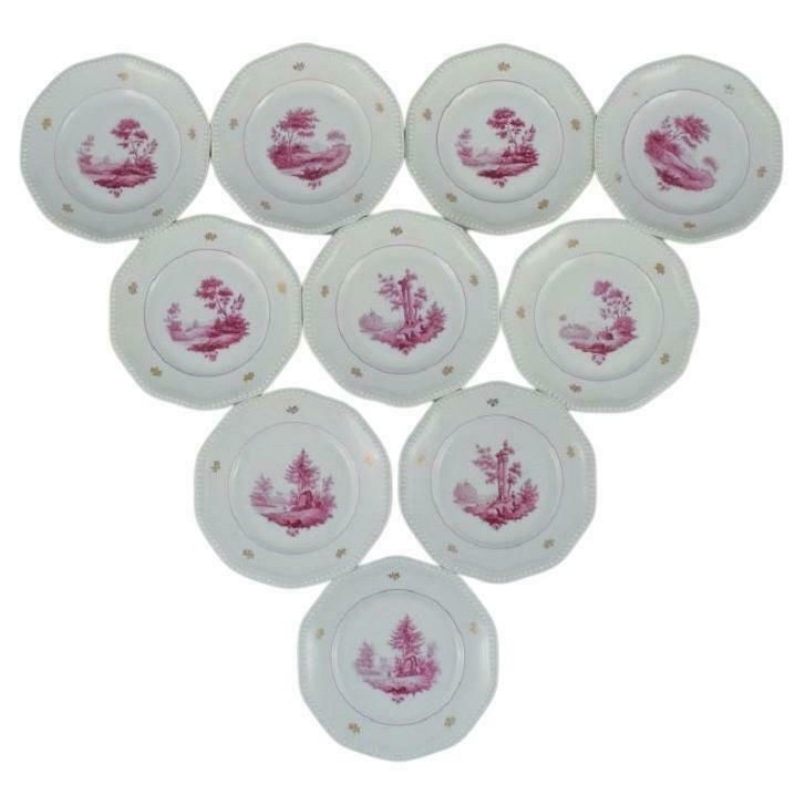Rosenthal, A Set Of Ten Plates, Hand Painted In Purple With Landscape Scenes.