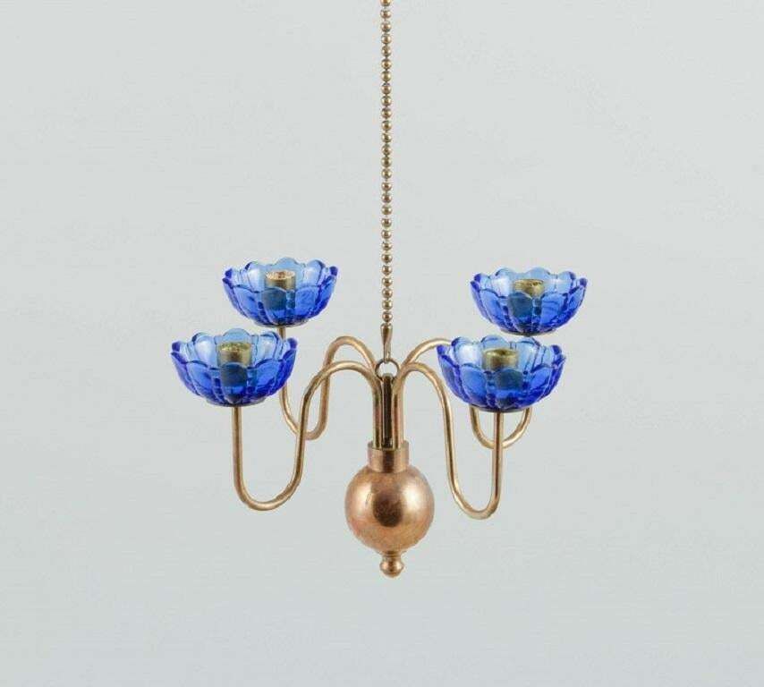 Gunnar Ander For Ystad Metall. Chandelier For Four Candles, Brass And Art Glass photo furniture