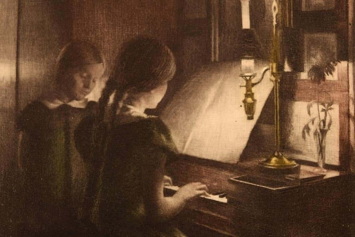 Peter Ilsted, Interior With Two Girls At The Piano, Mezzotint In Colors photo for sale
