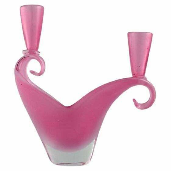 Two Armed Murano Candle Holder In Pink Hand Blown Art Glass. Italian Design