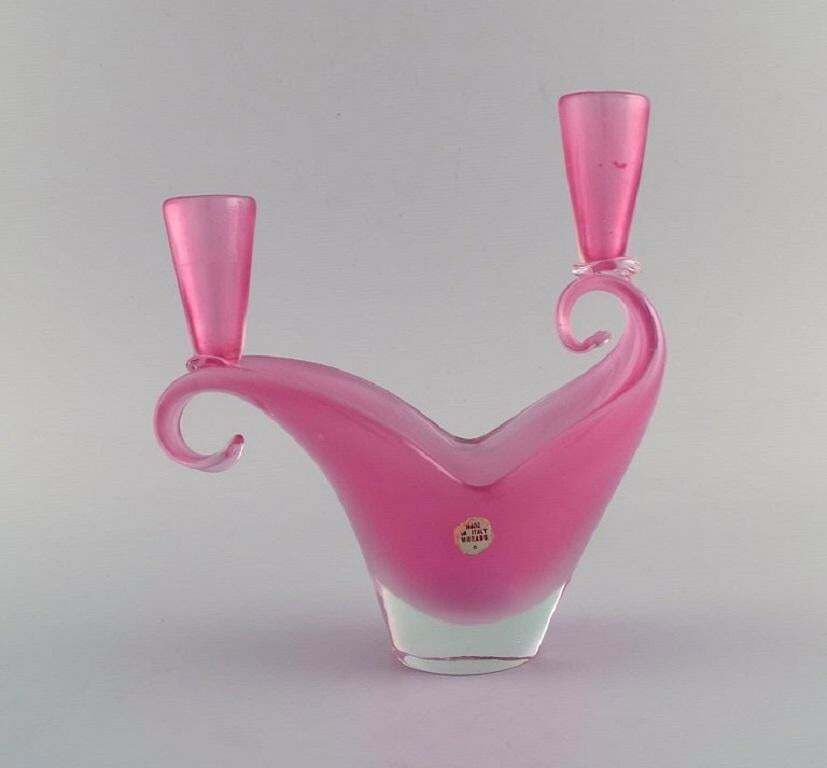 Two Armed Murano Candle Holder In Pink Hand Blown Art Glass. Italian Design photo Home Decor