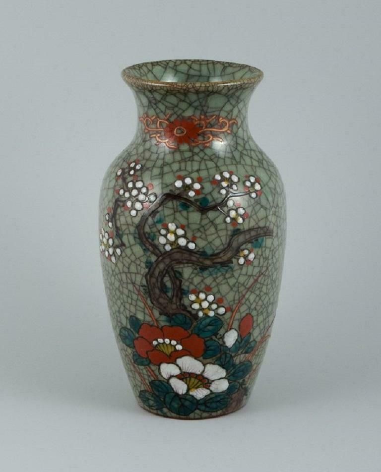 Asian Ceramic Vase Hand Painted With Classic Floral Motif