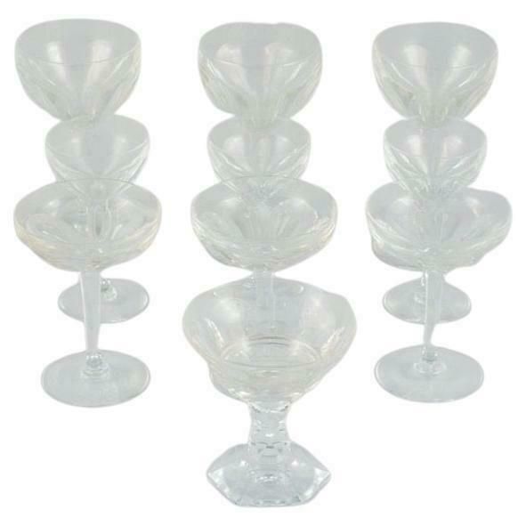 Baccarat, France, Ten Art Deco Crystal Glasses In Clear Glass