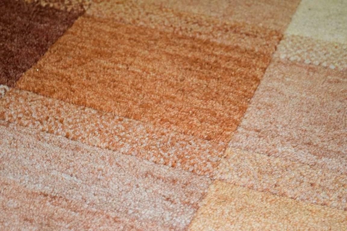 Milford, Sweden, Pure Wool Rug. Geometric Fields In Red, Orange And White Shades photo for sale