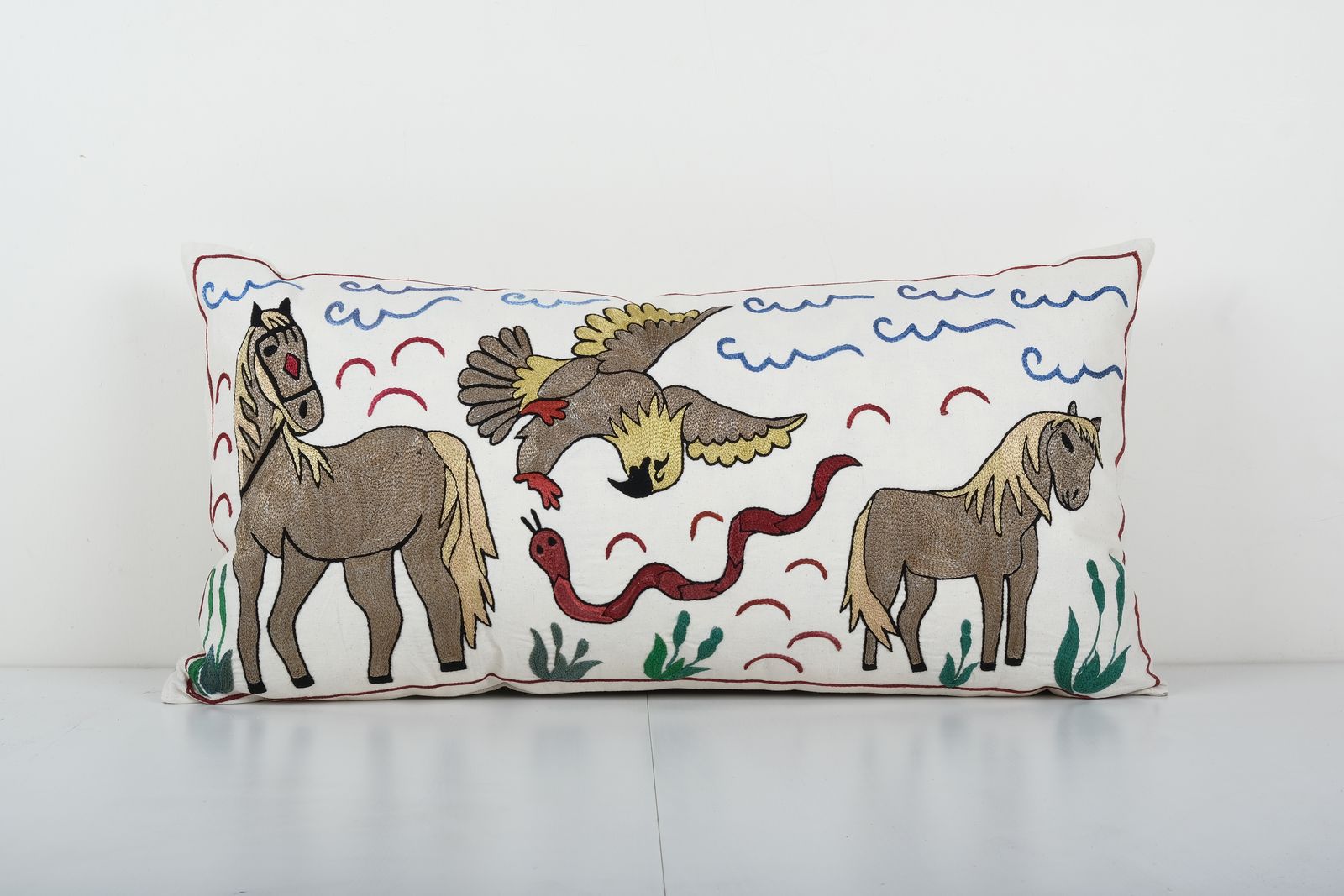 Lumbar Suzani Pictorial  Pillow Case Made From An Early 21th C. Suzani 1920s 18'' X 35''