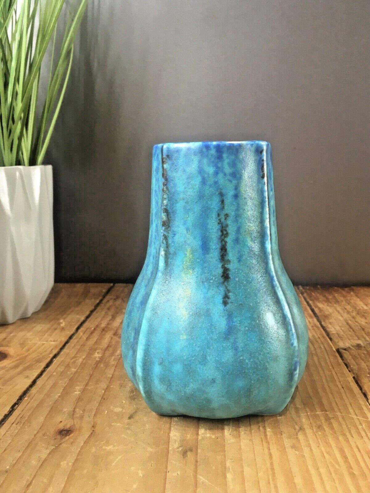 Stunning Antique Mottled Turquoise Blue Vase Ruskin Style Arts & Crafts Art Deco photo vinterior