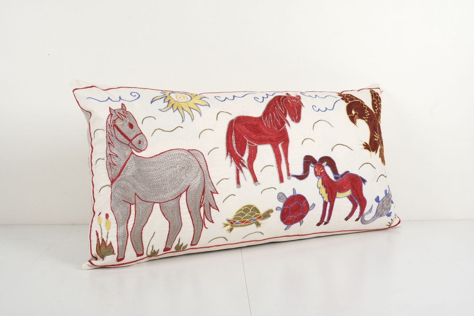 Tashkent Suzani Animal Bedding Pillow Case Made From Suzani, Lumbar Eagle, Deer And Turtle Tashkent Cushion Cover 18'' X 34'' photo Textiles