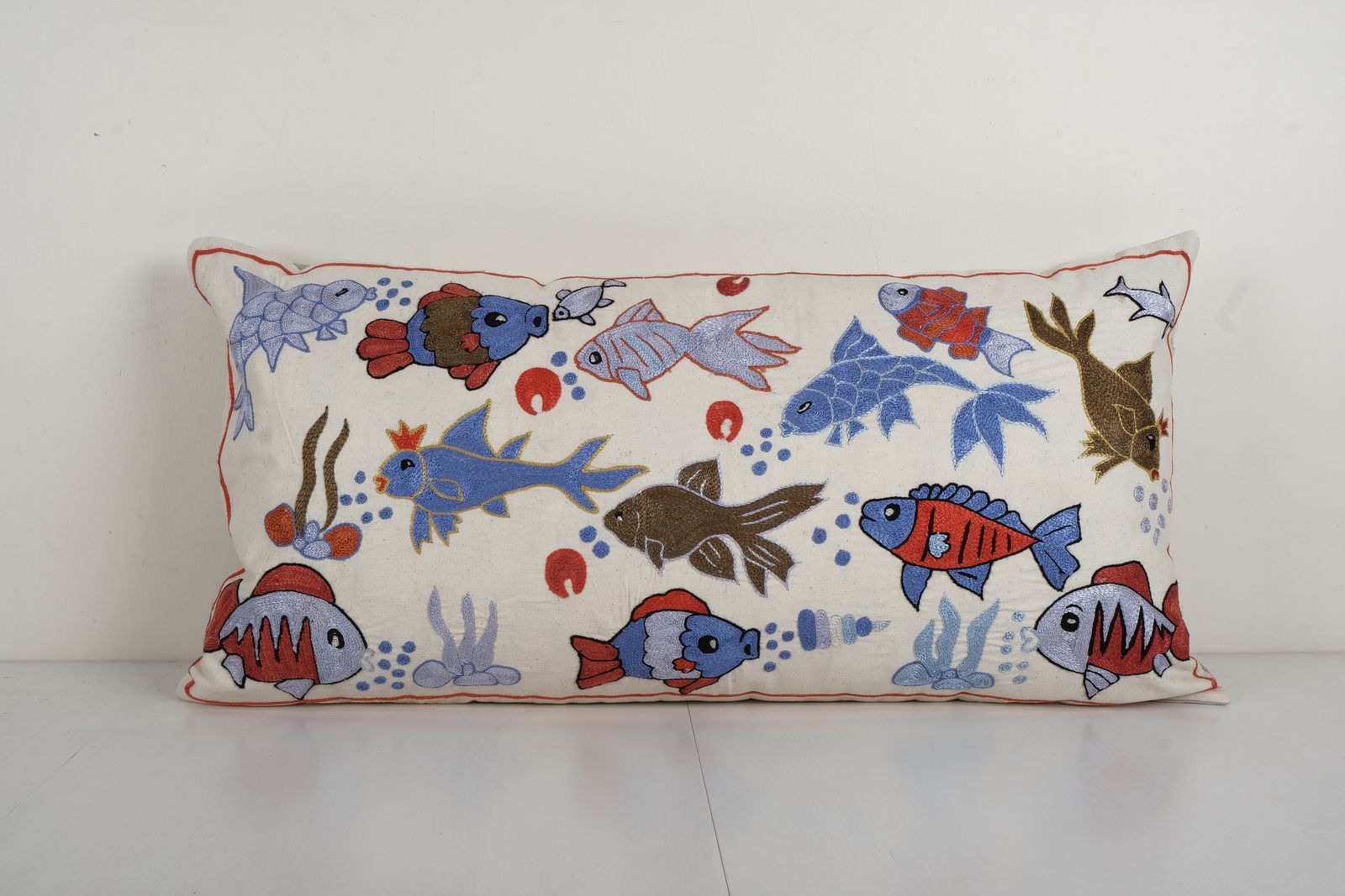 Uzbek Extra Long Suzani Cover With Animal Motif, Fish Pattern Embroidery Pillow Case Made From Cotton 18'' X 35''