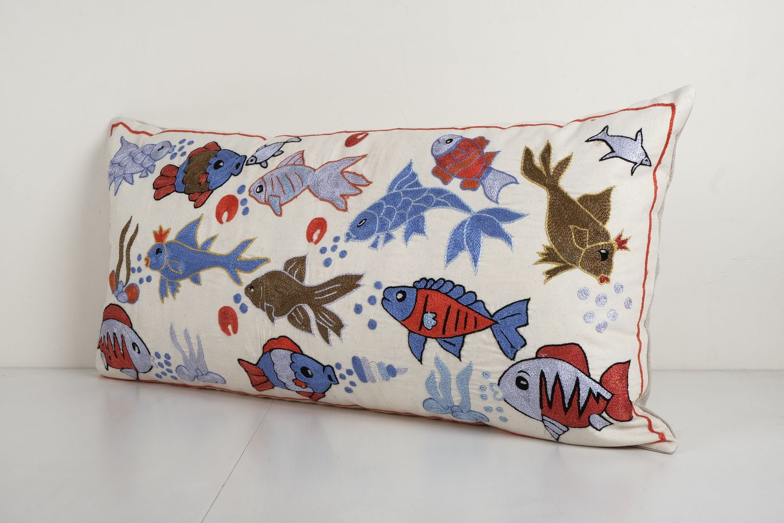 Uzbek Extra Long Suzani Cover With Animal Motif, Fish Pattern Embroidery Pillow Case Made From Cotton 18'' X 35'' photo Textiles