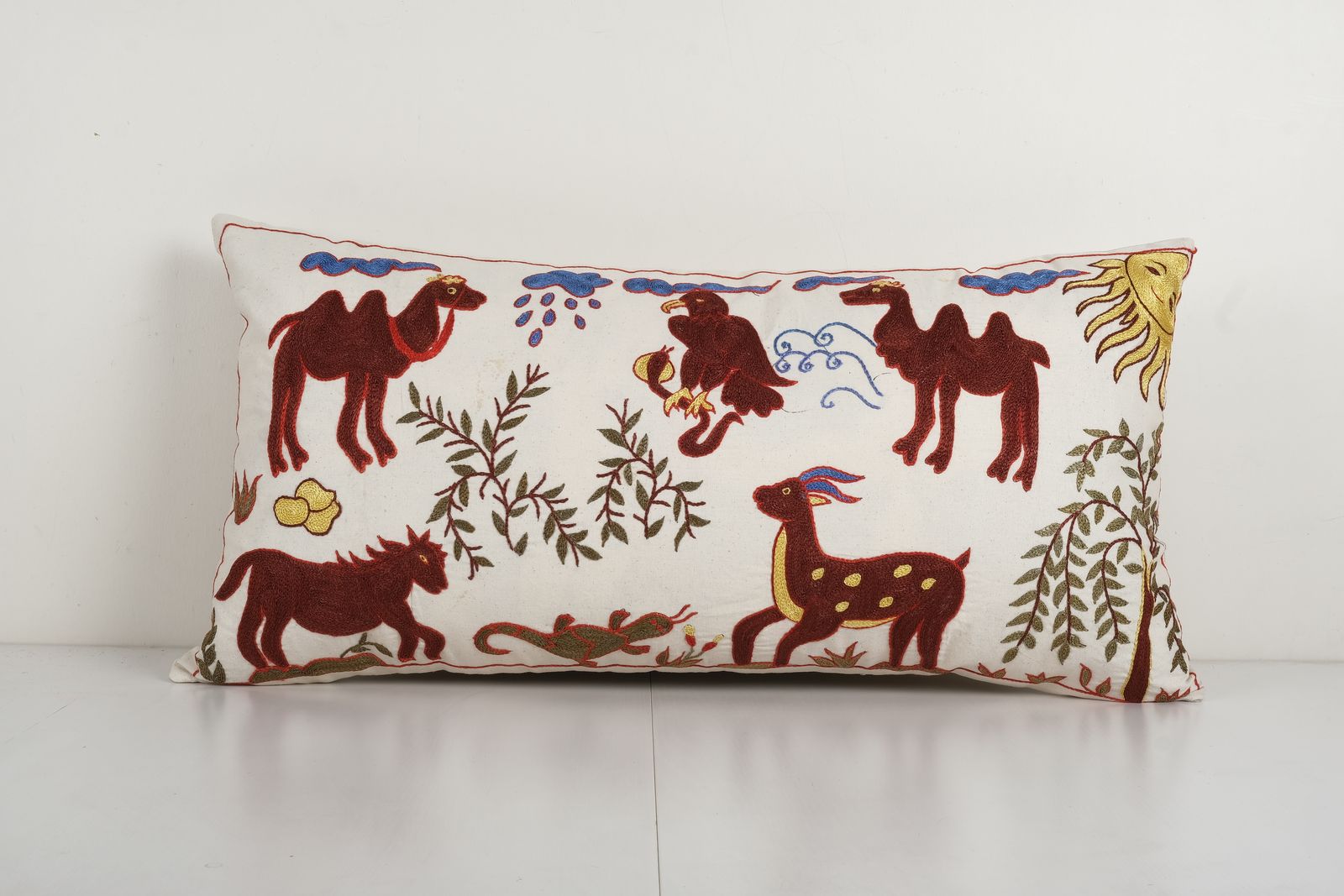 Tashkent Suzani Animal Bedding Pillow Case Made From Suzani, Lumbar Horse And Camel Tashkent Cushion Cover 18'' X 34''