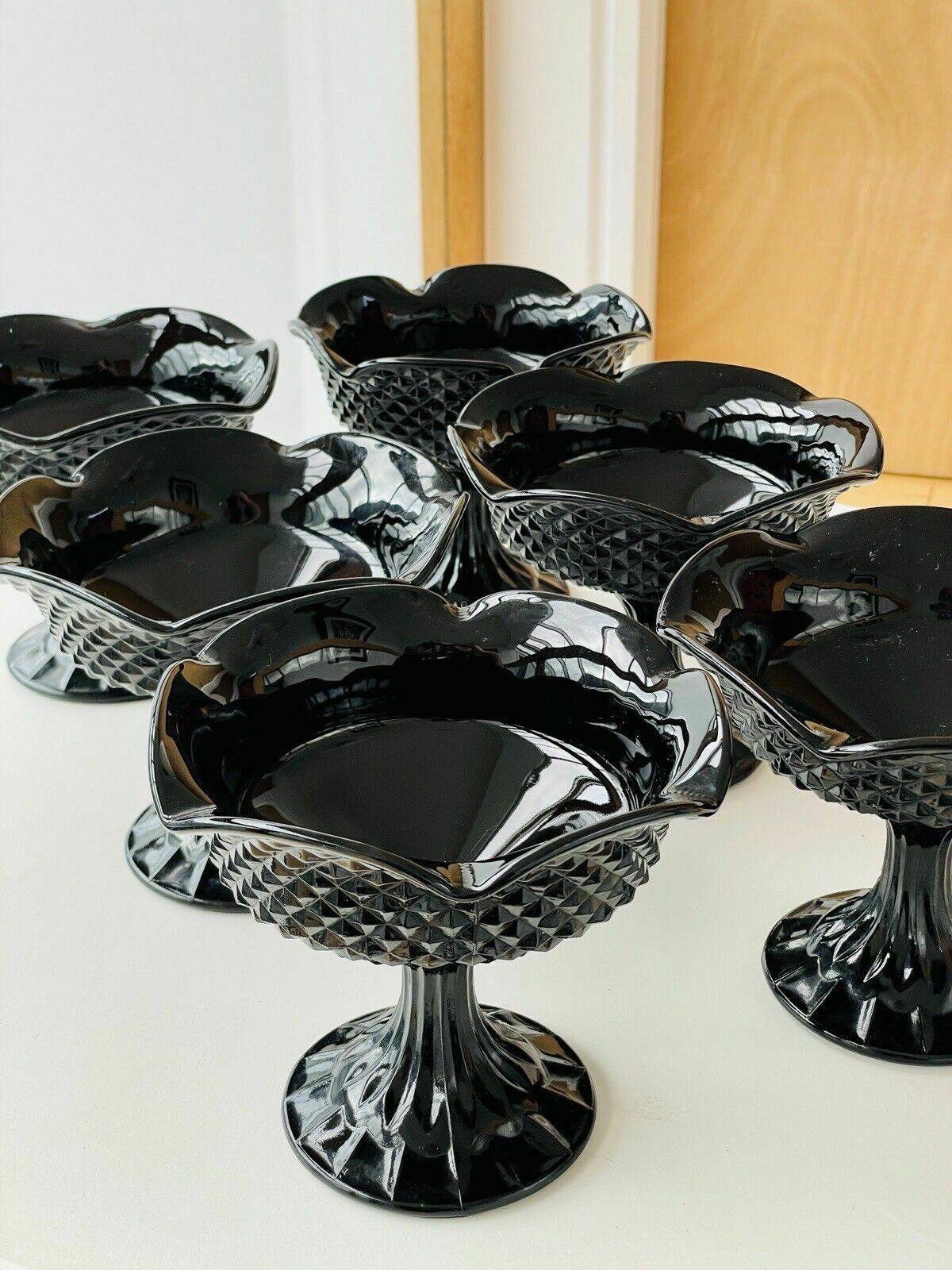 Set Of 6 Vintage Diamond Point Black Pressed Glass Footed Frilled Dessert Bowls
