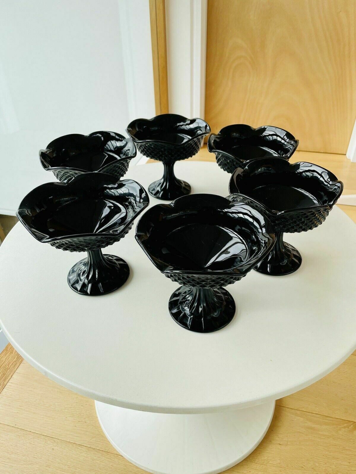 Set Of 6 Vintage Diamond Point Black Pressed Glass Footed Frilled Dessert Bowls photo 100.0