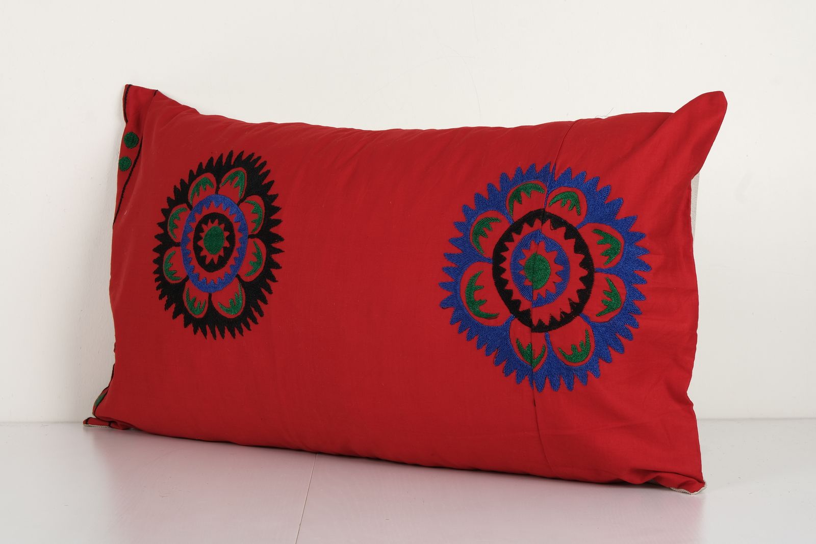 Suzani Lumbar Cushion Cover, Tribal House Decor  Embroidery Red Embroidery Pillows   Uzbek Bedding Pillow 16'' X 30'' photo furniture