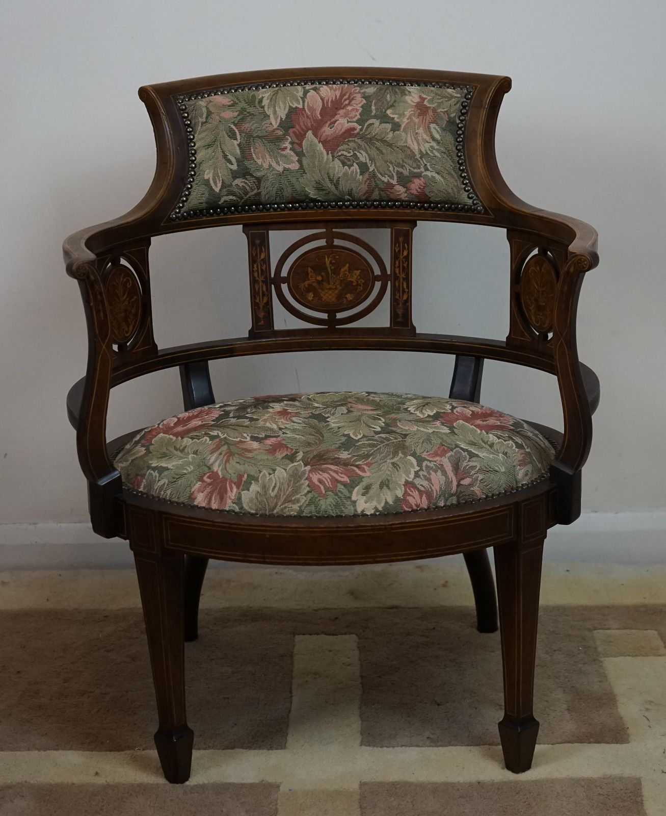 Beautiful Edwardian Mahogany And Inlaid Tub Back Chair. photo for sale
