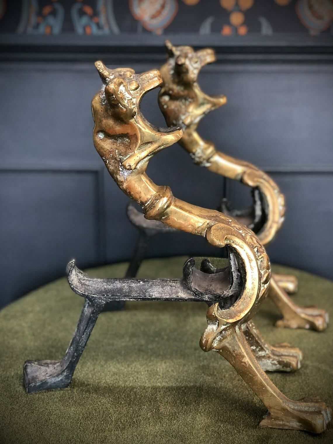 Pair Of Brass Antique Victorian Fire Guard Dogs photo for sale