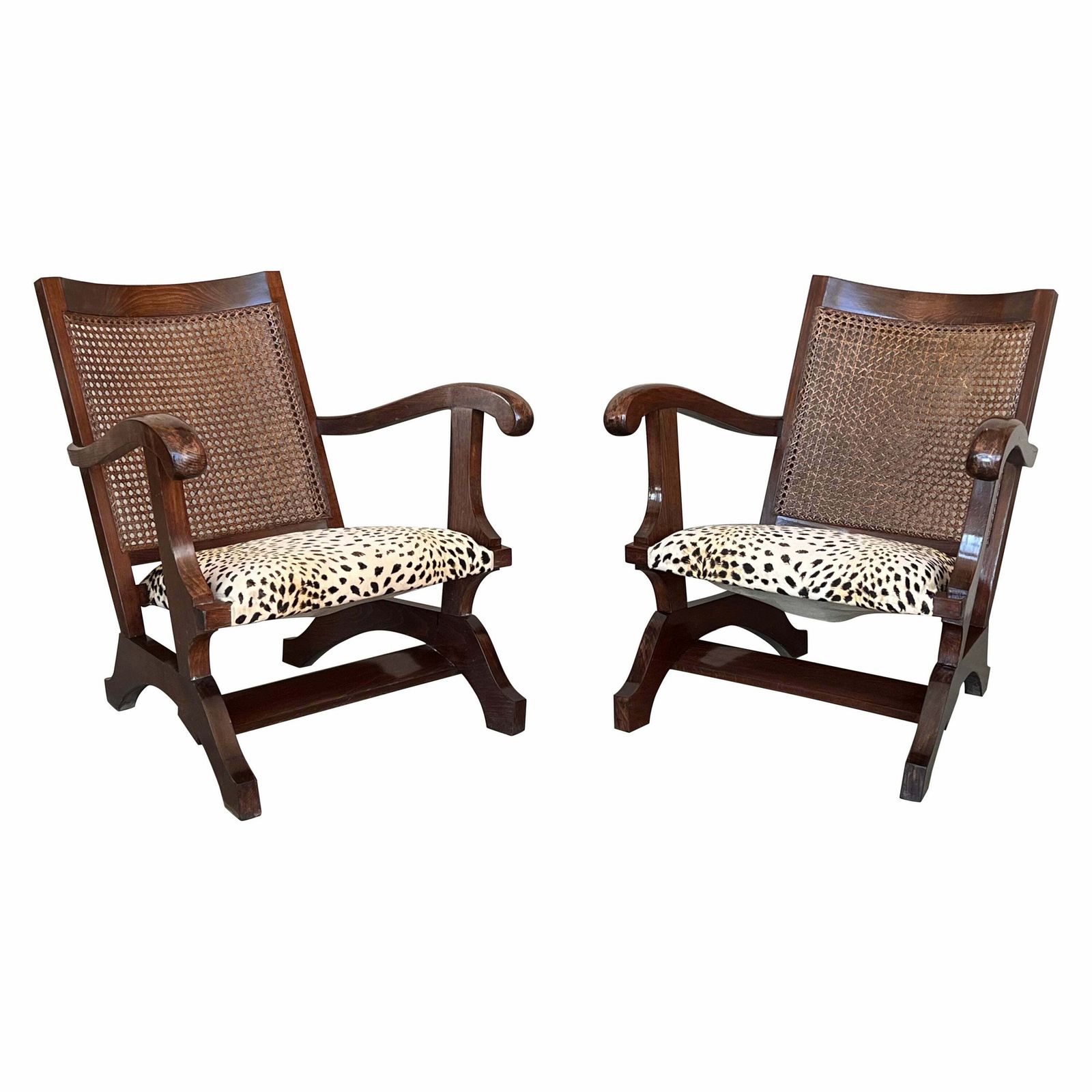 Pair Of Mid 20th Century Walnut, Caned Back Fireplace Low Armchairs