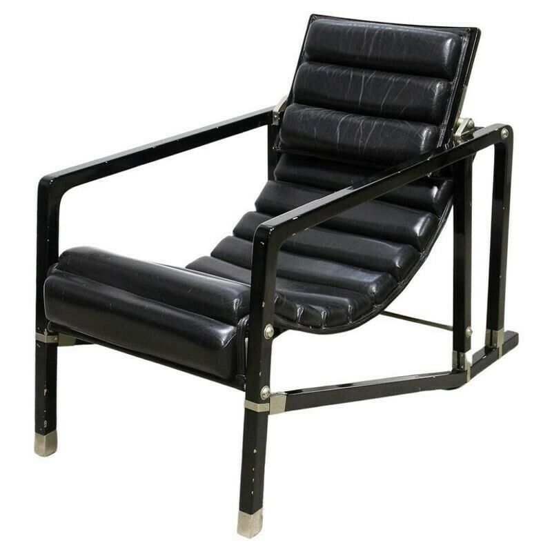 Transat Chair With Black Leather, Design Eileen Gray 1927, France Ca. 1975