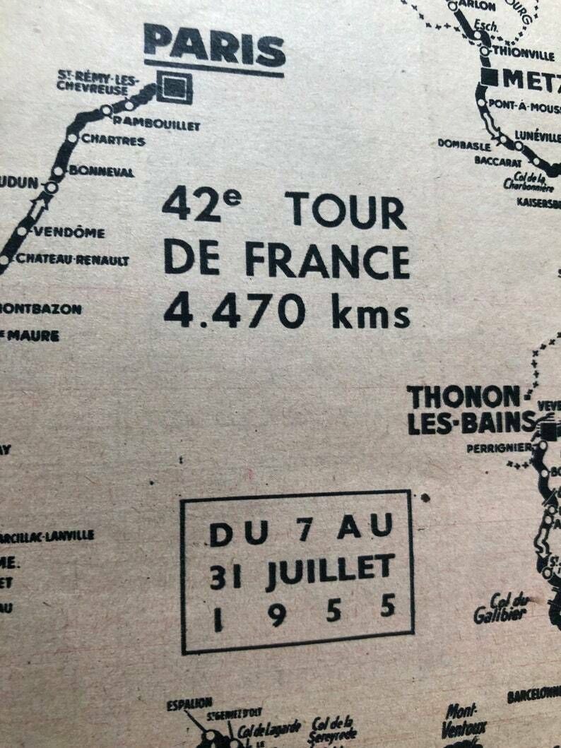 1955 Tour De France Map   Original Vintage Cycling Print photo for sale
