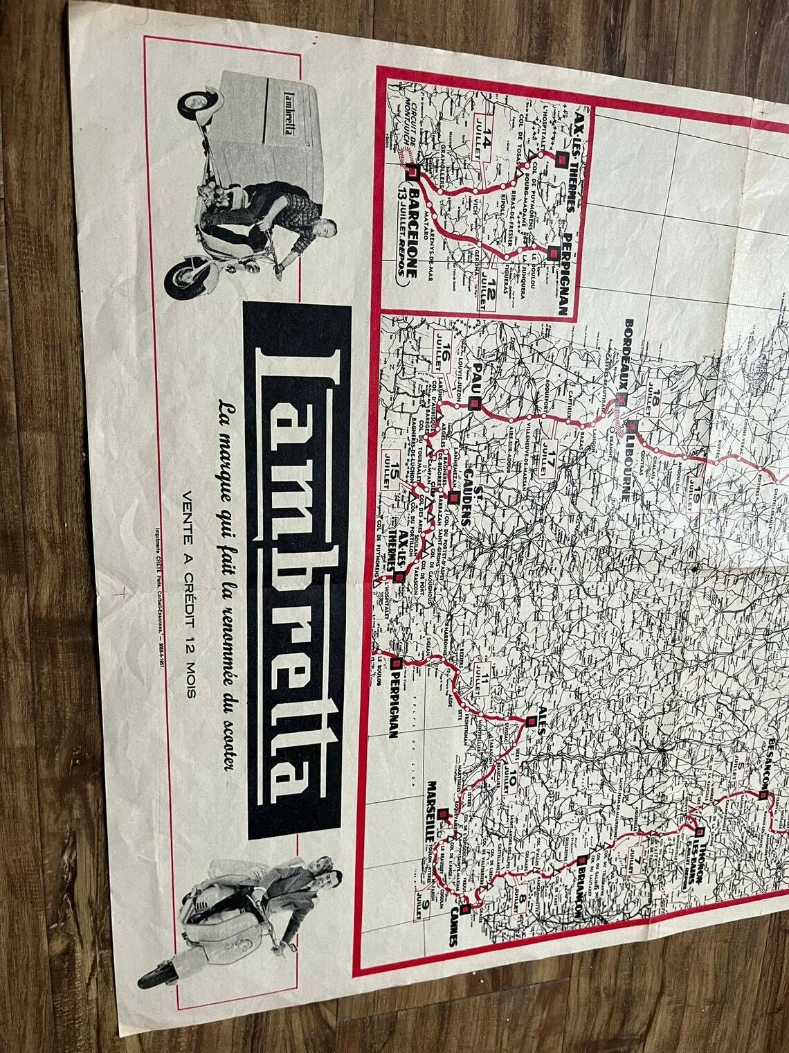 Tour De France / Lambretta Map Vintage 1957 photo vinterior