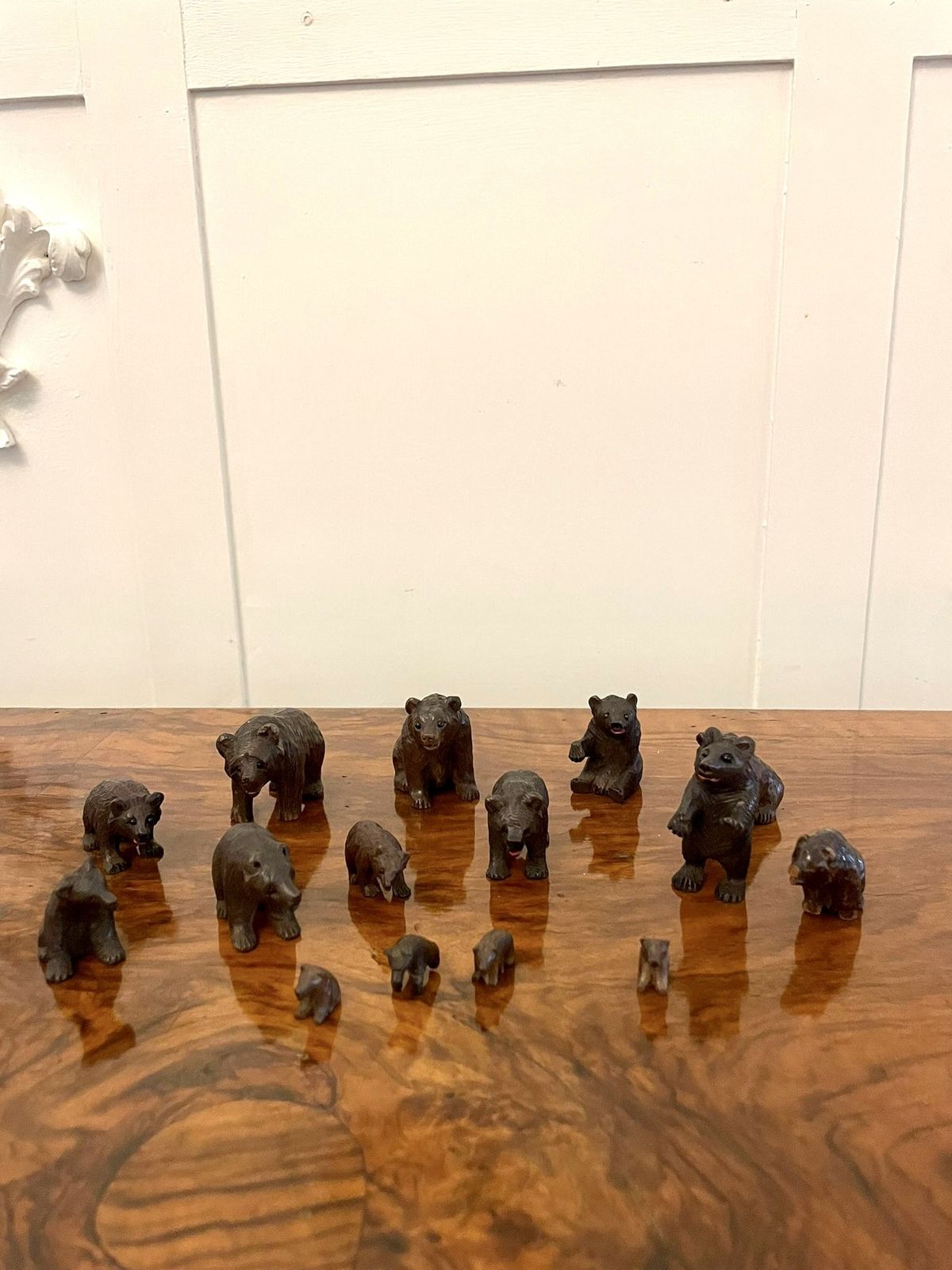 Antique Set Of Fifteen 19th Century Miniature Carved Oak Black Forest Bears photo Art