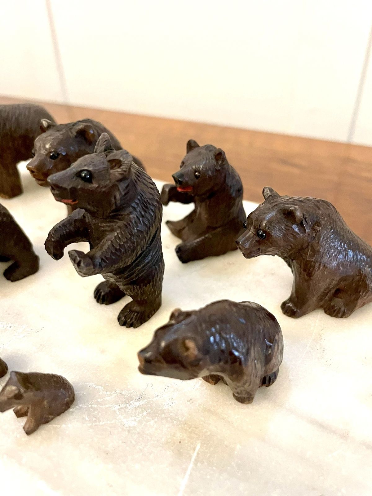 1995.0 Antique Set Of Fifteen 19th Century Miniature Carved Oak Black Forest Bears photo