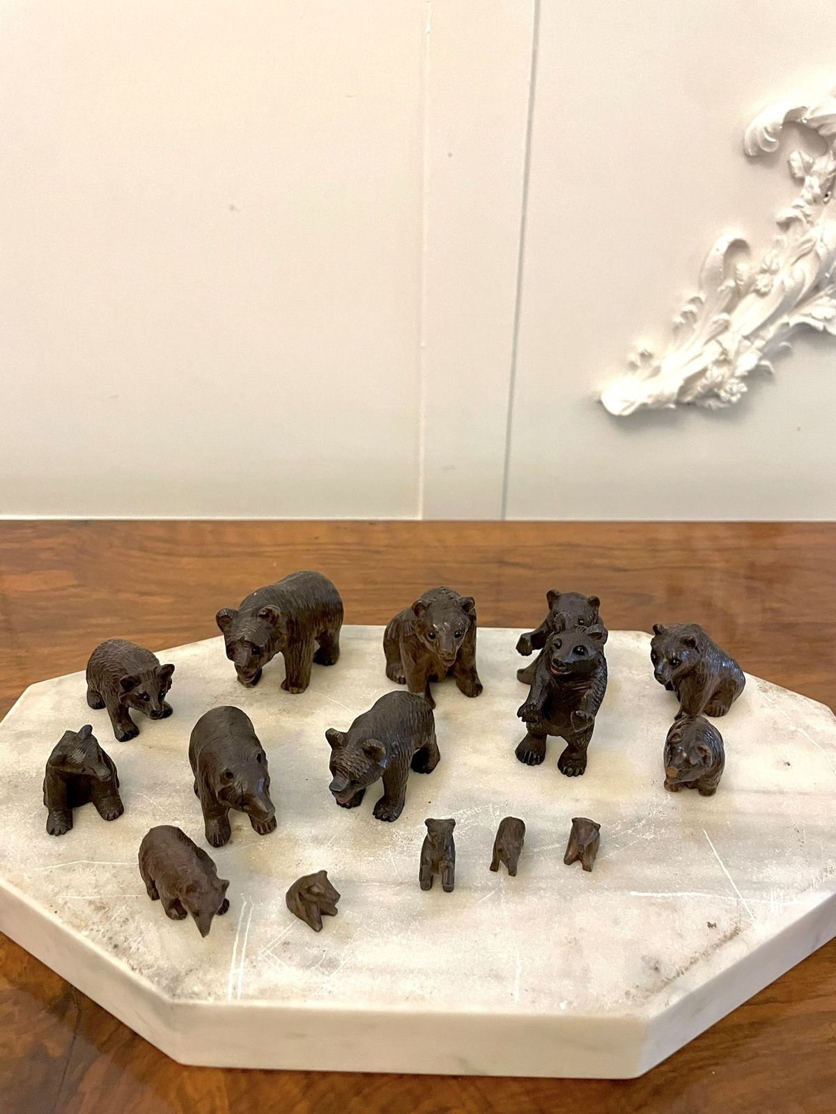 Antique Set Of Fifteen 19th Century Miniature Carved Oak Black Forest Bears