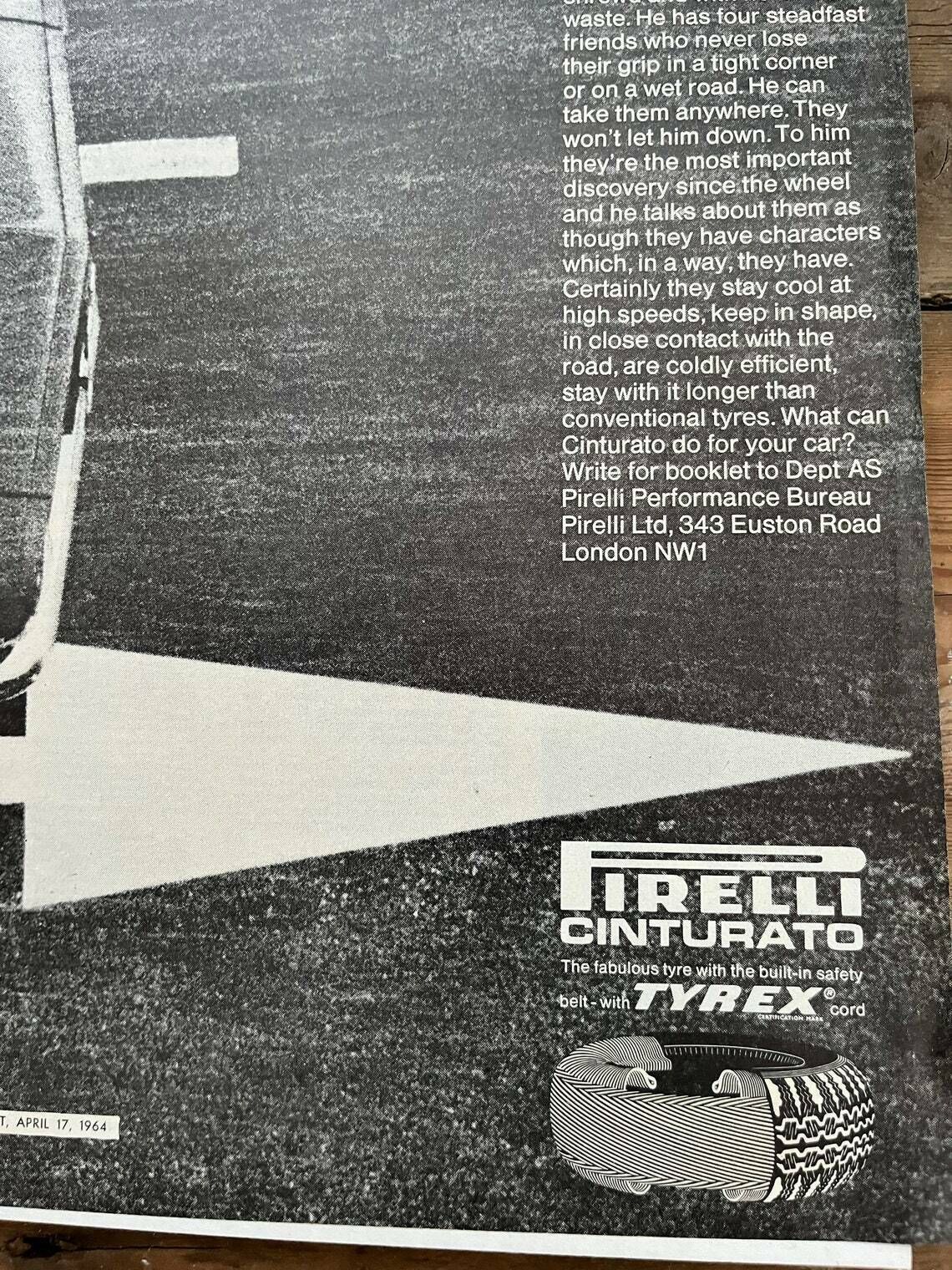 Pirelli Cinturato Tyres   Vintage Advertising Print 1960s photo for sale