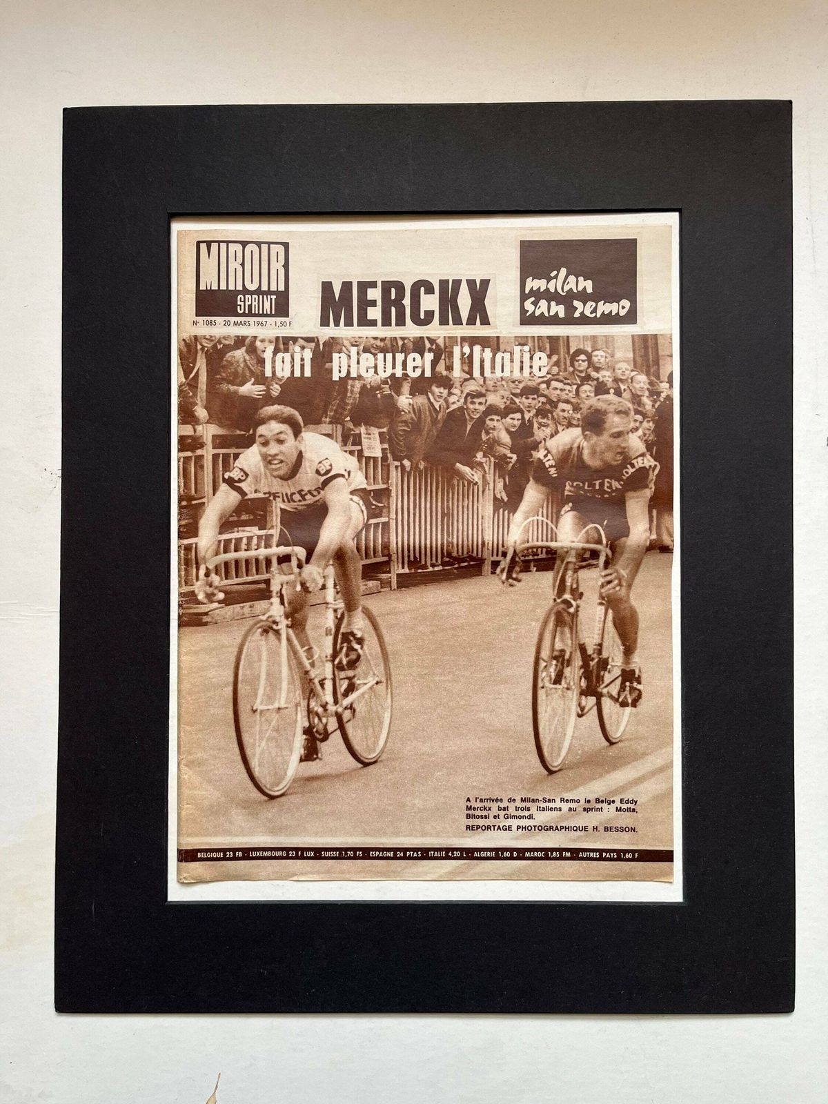 Eddy Merckx Original Vintage Cycling Print 1967 Milan   San Remo