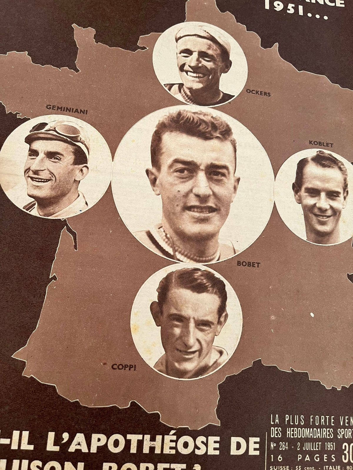 Original Vintage Cycling Print 1951 Tour De France Fausto Coppi / Louison Bobet Raphael Geminiani photo for sale