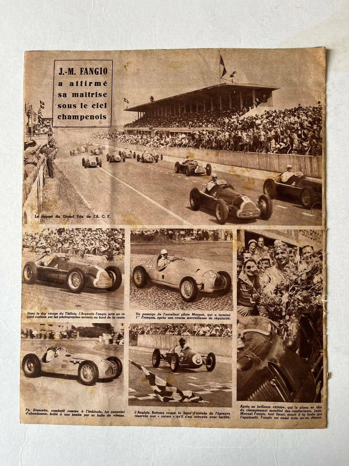 Original French Grand Prix Print C1950   Jean Manuel Fangio photo for sale
