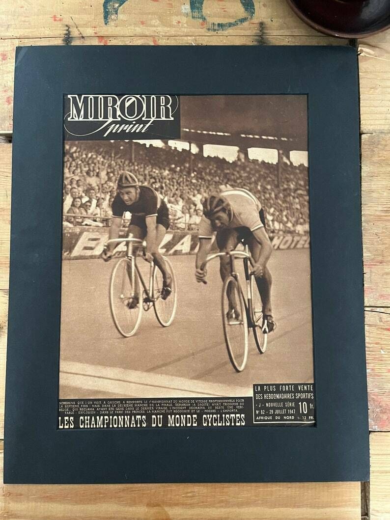 Original Vintage Tour De France 1948 French Pista  Track Cycling Print Scherens Gerardin photo Art