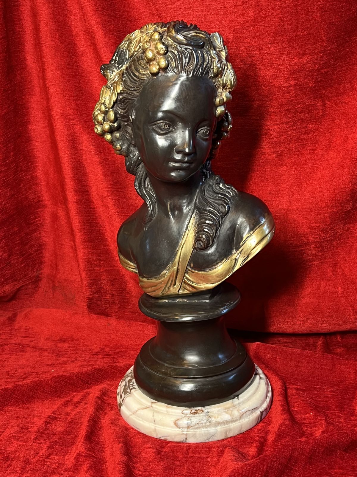 French Gilt Bronze Bust Of Fruit Maiden Upon Marble Plinth Signed Louis Beatux photo for sale