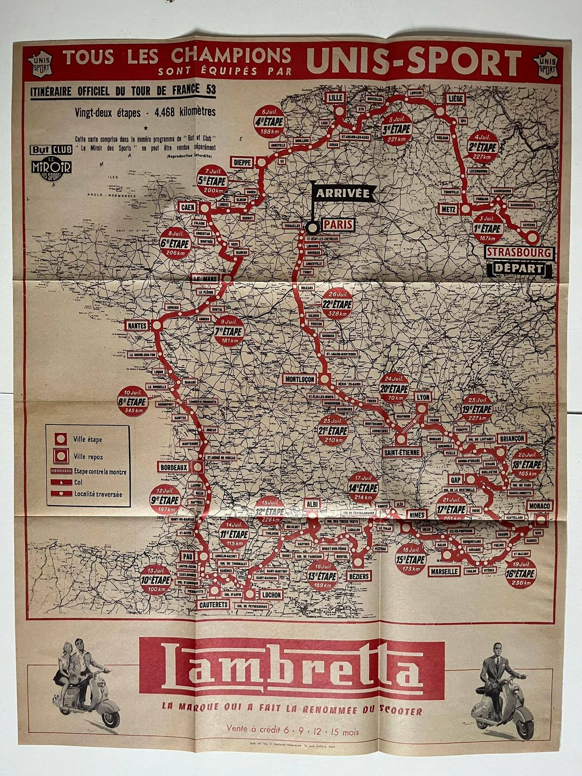 1953 Tour De France / Lambretta Map   Vintage Cycling Print