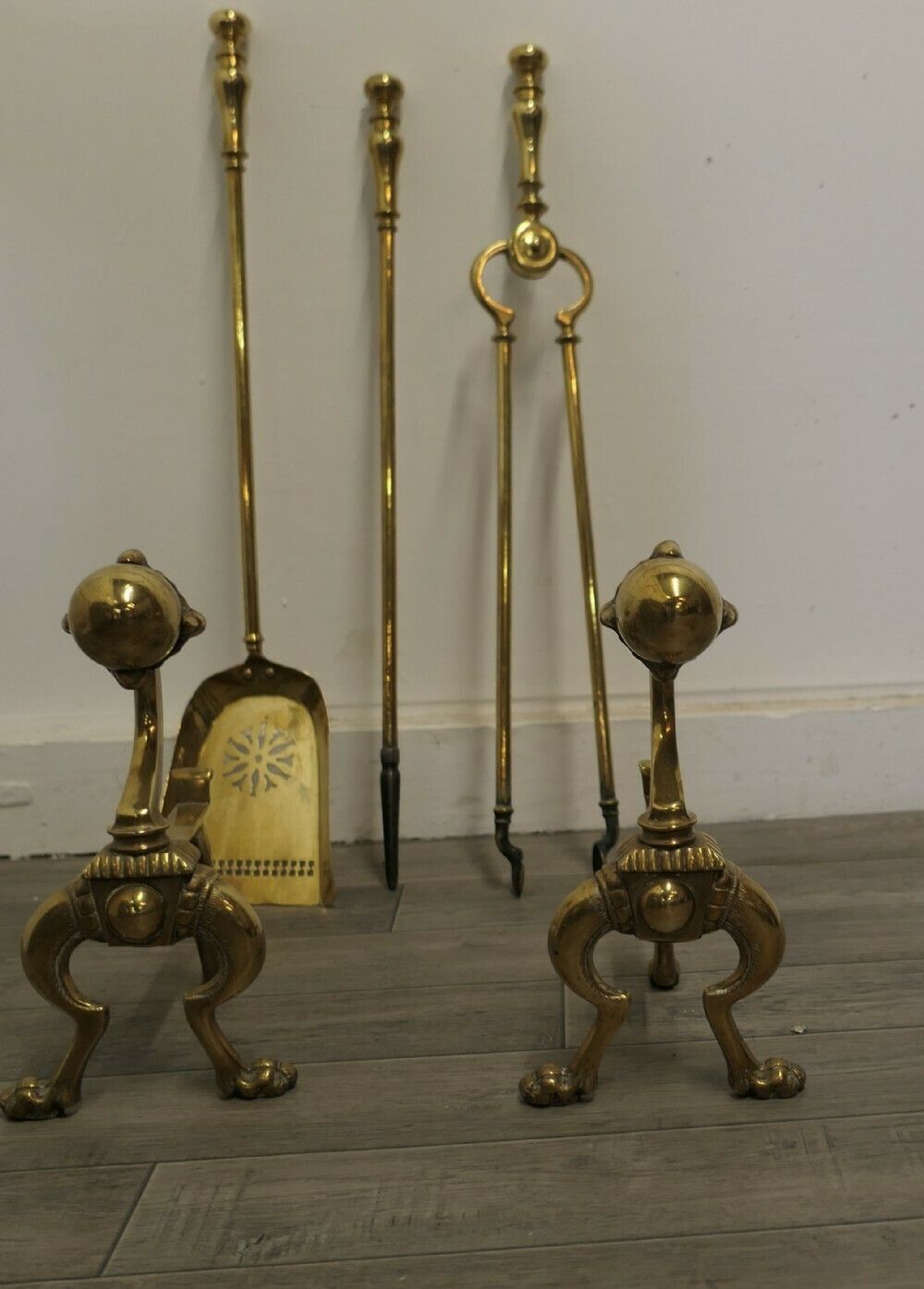 Arts And Crafts Brass Gothic Fireside Companion Set, Fireside Tools photo for sale