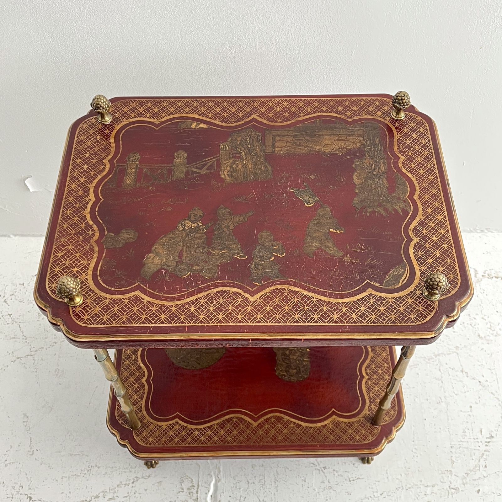 French Early 20th Century Maison Jansen Chinoiserie Brass Bamboo Tired Side Table