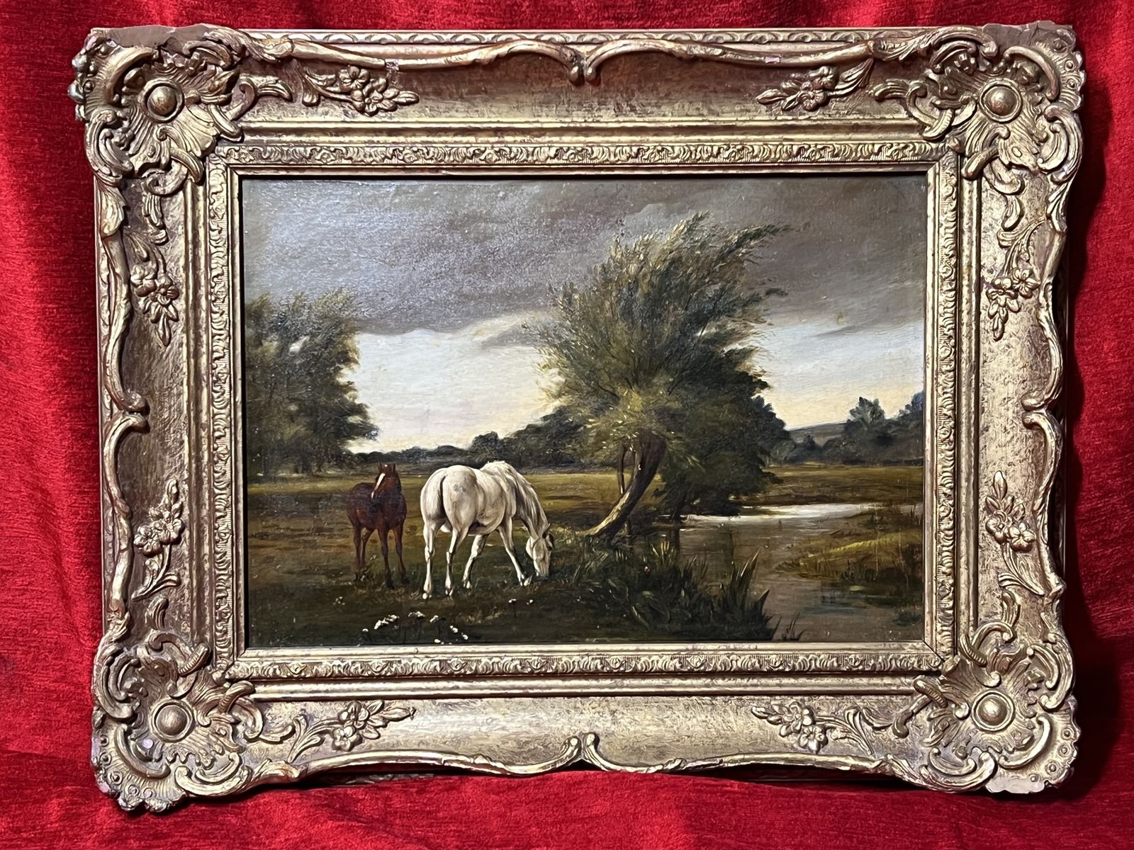 19th Century Fine Art Mare And Foal In Country Landscape Oil Painting