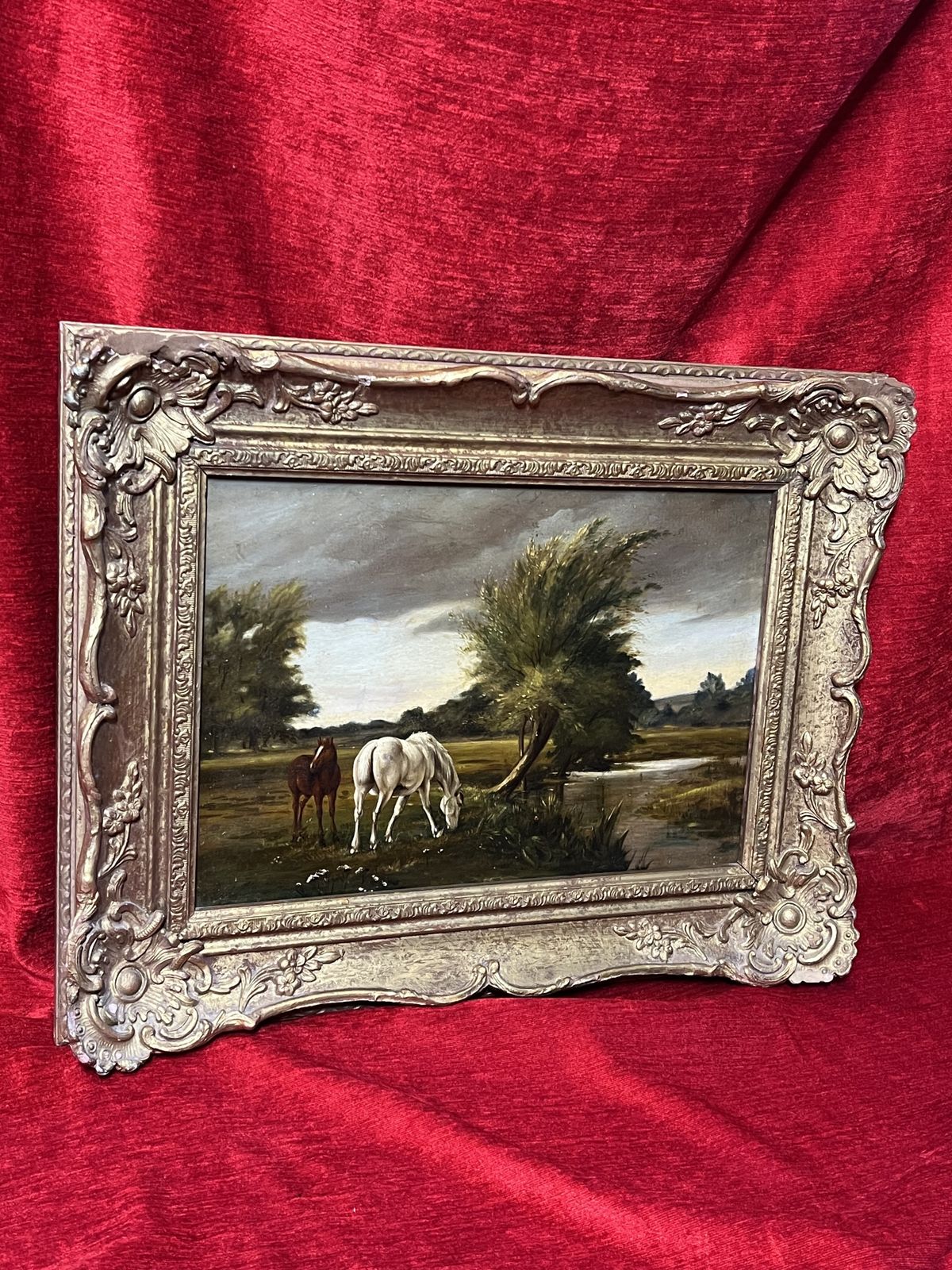 19th Century Fine Art Mare And Foal In Country Landscape Oil Painting photo vintage