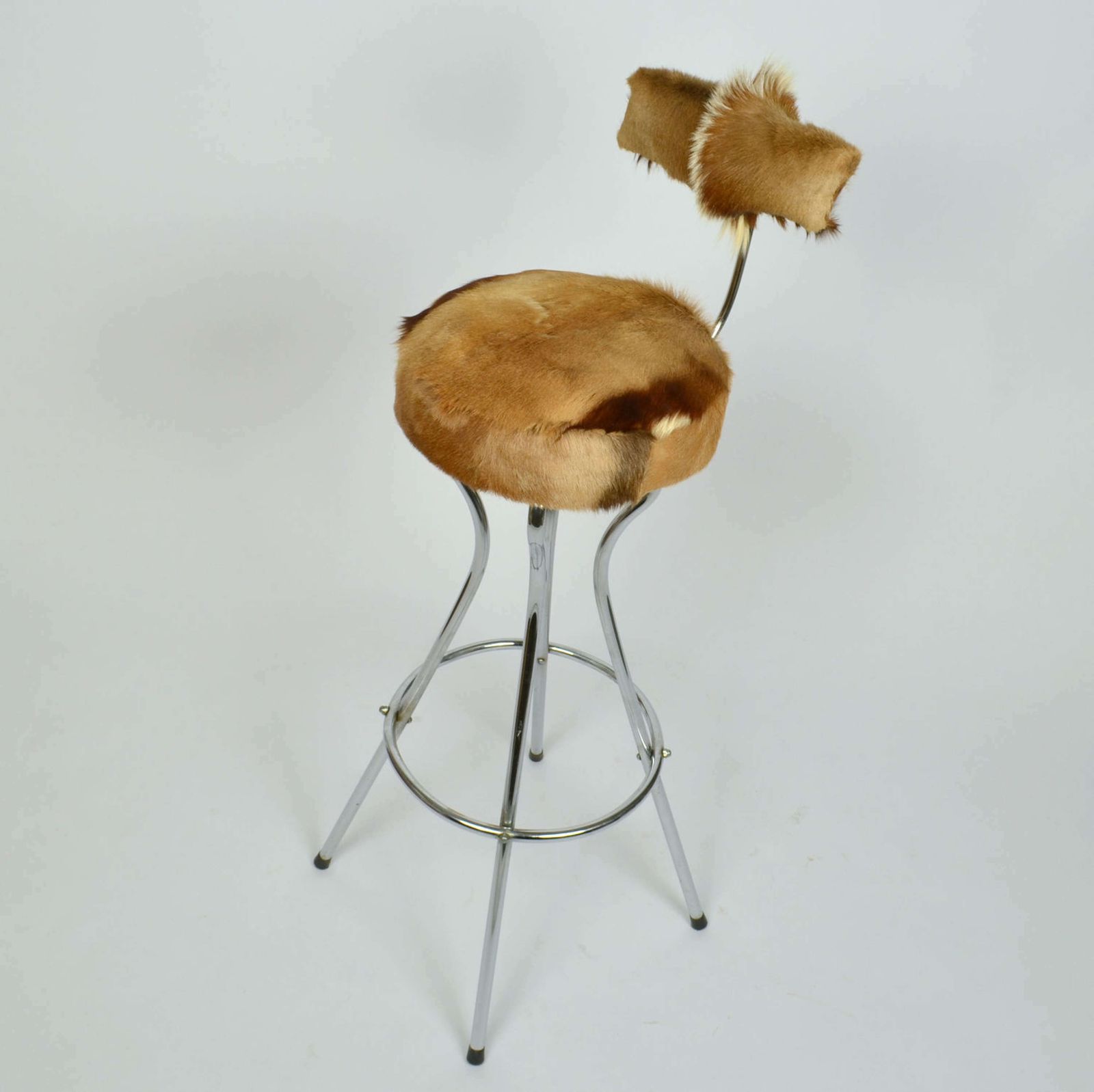 Furniture Set Of Three Swivel Bar Stools In Chrome And Goatskin photo