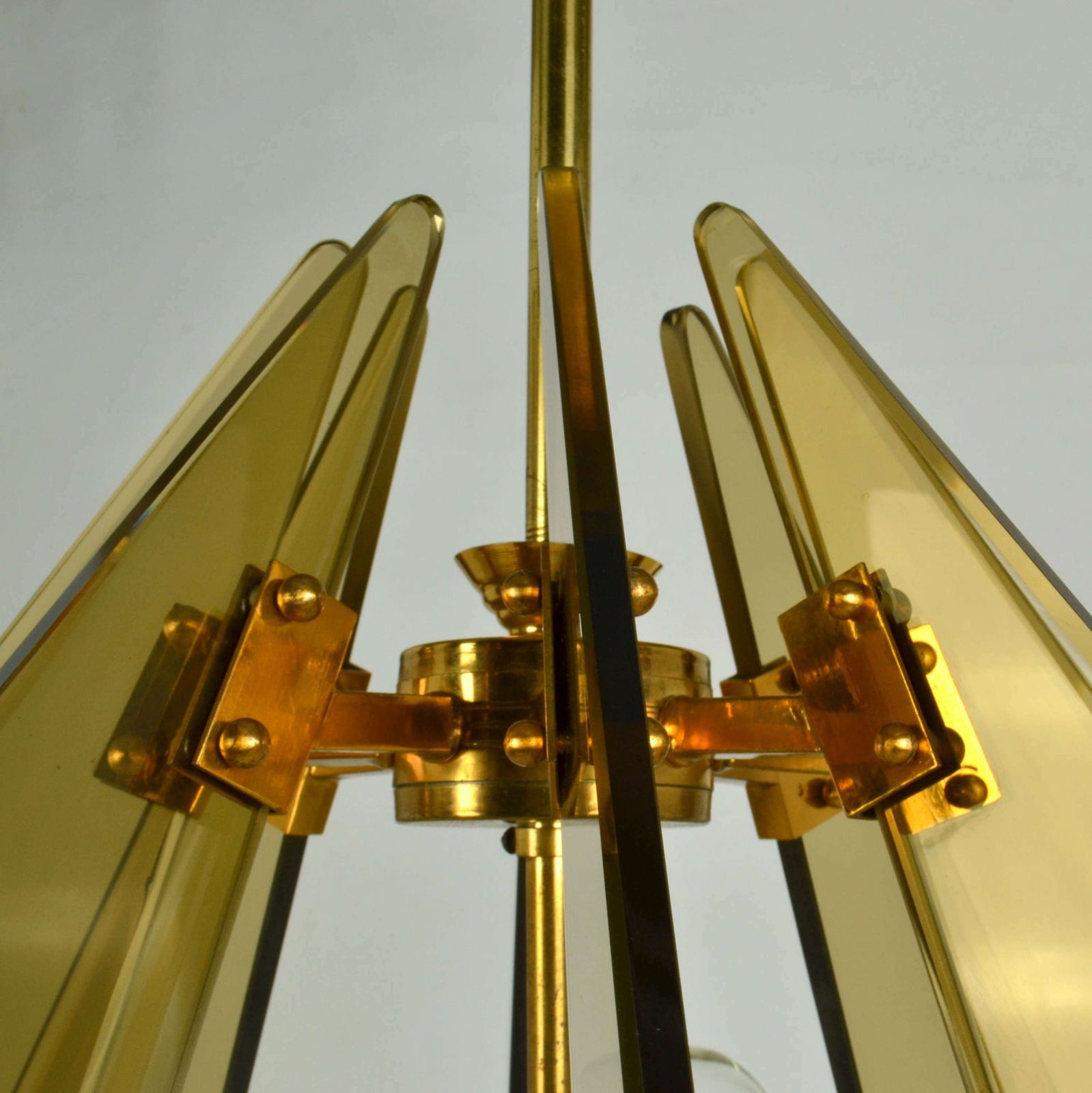 Chandelier In Tinted Glass And Gilded Brass By Gino Paroldo, 1950's photo buy