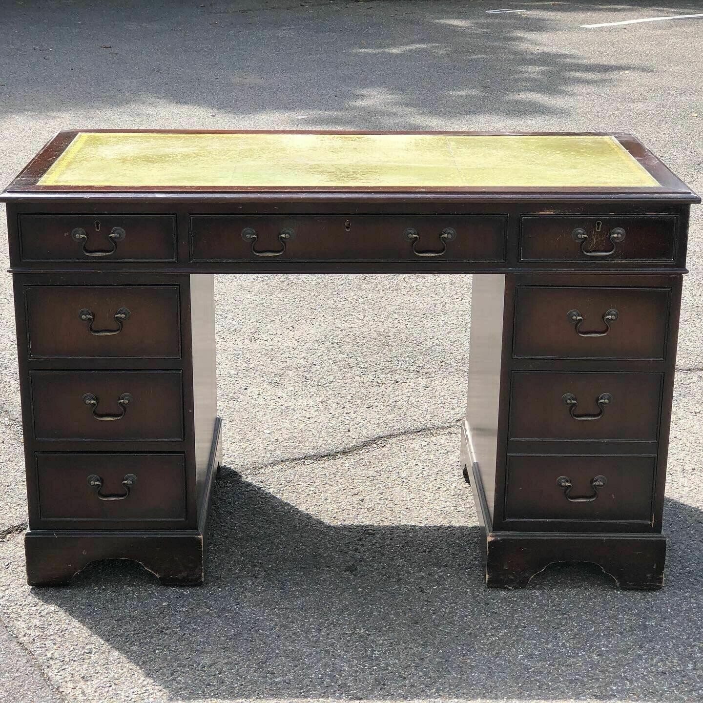 Mahogany Pedestal Desk With Green Leather Top. photo Furniture