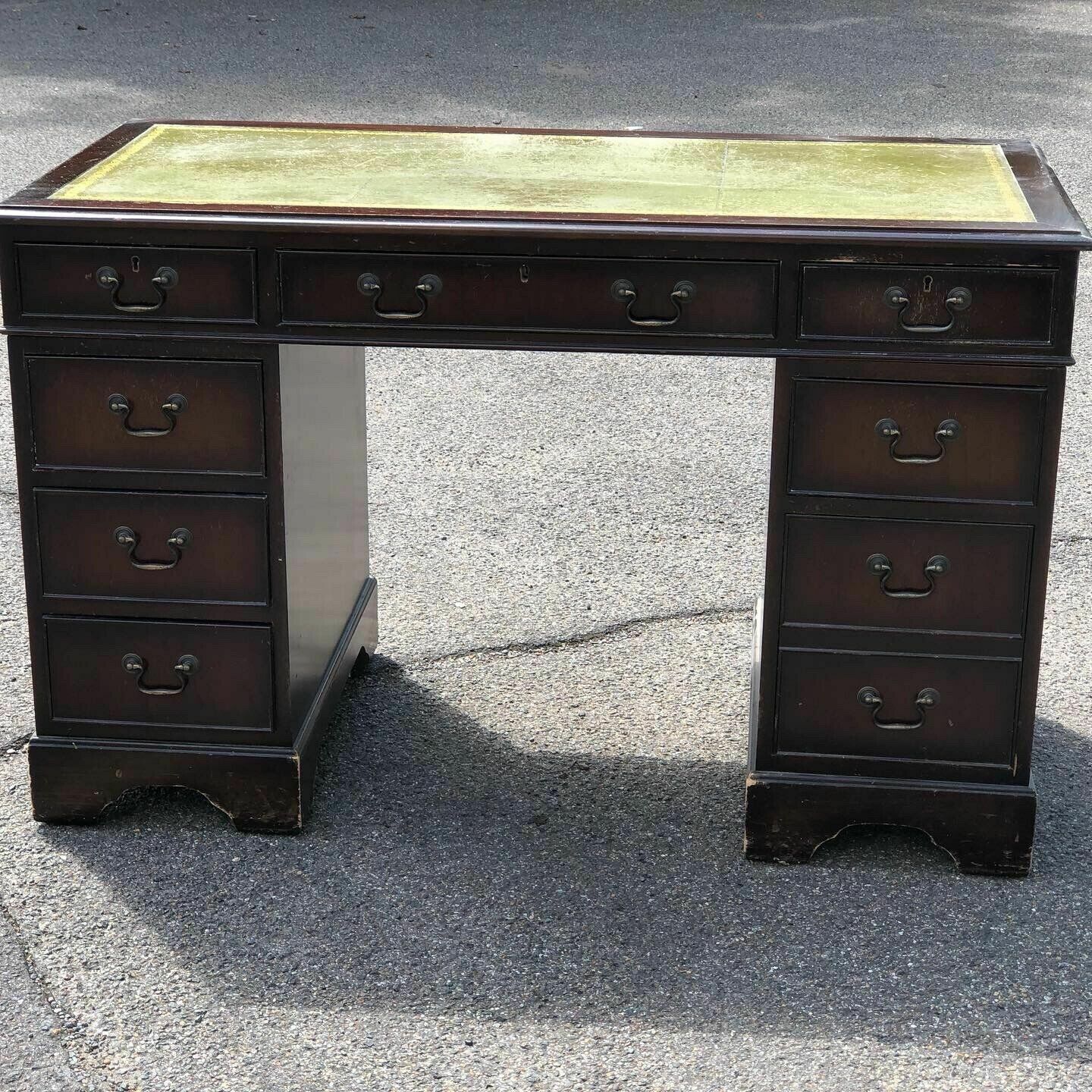 Mahogany Pedestal Desk With Green Leather Top. photo vintage