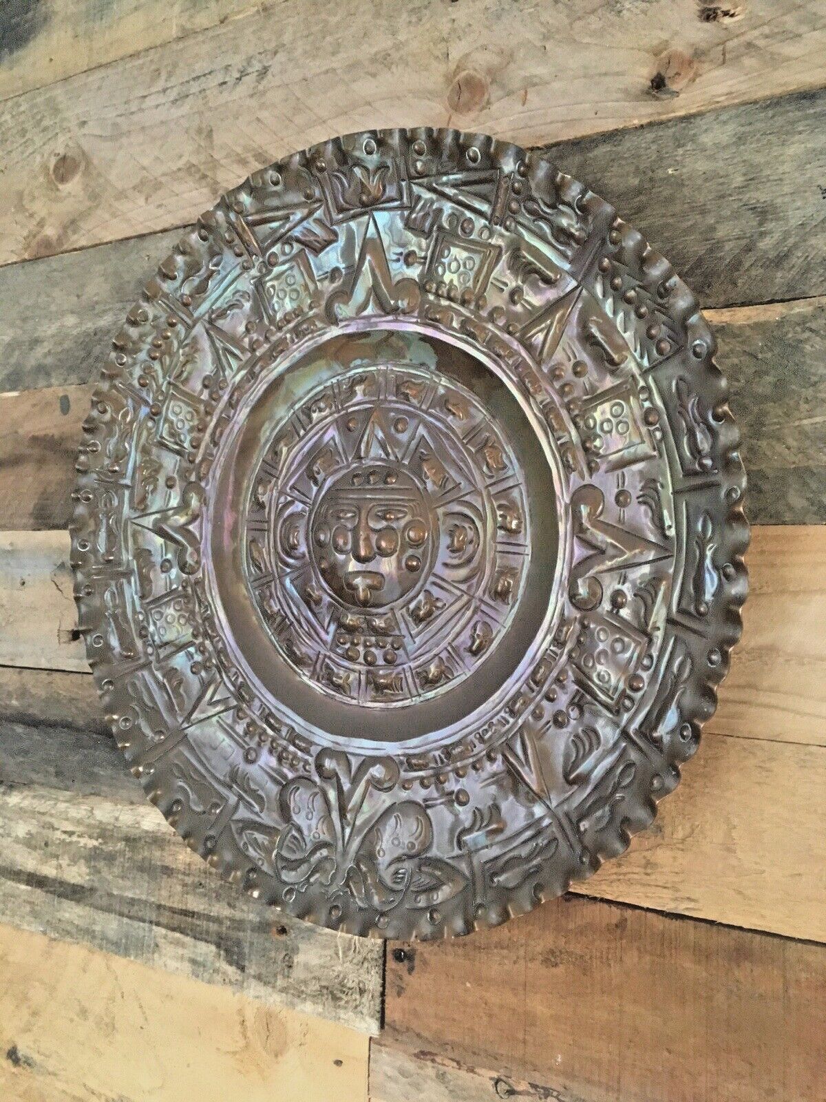 110.0 Huge Vintage  Aztec Mayan Sun God Copper Charger Wall Plate Plaque Mexico photo