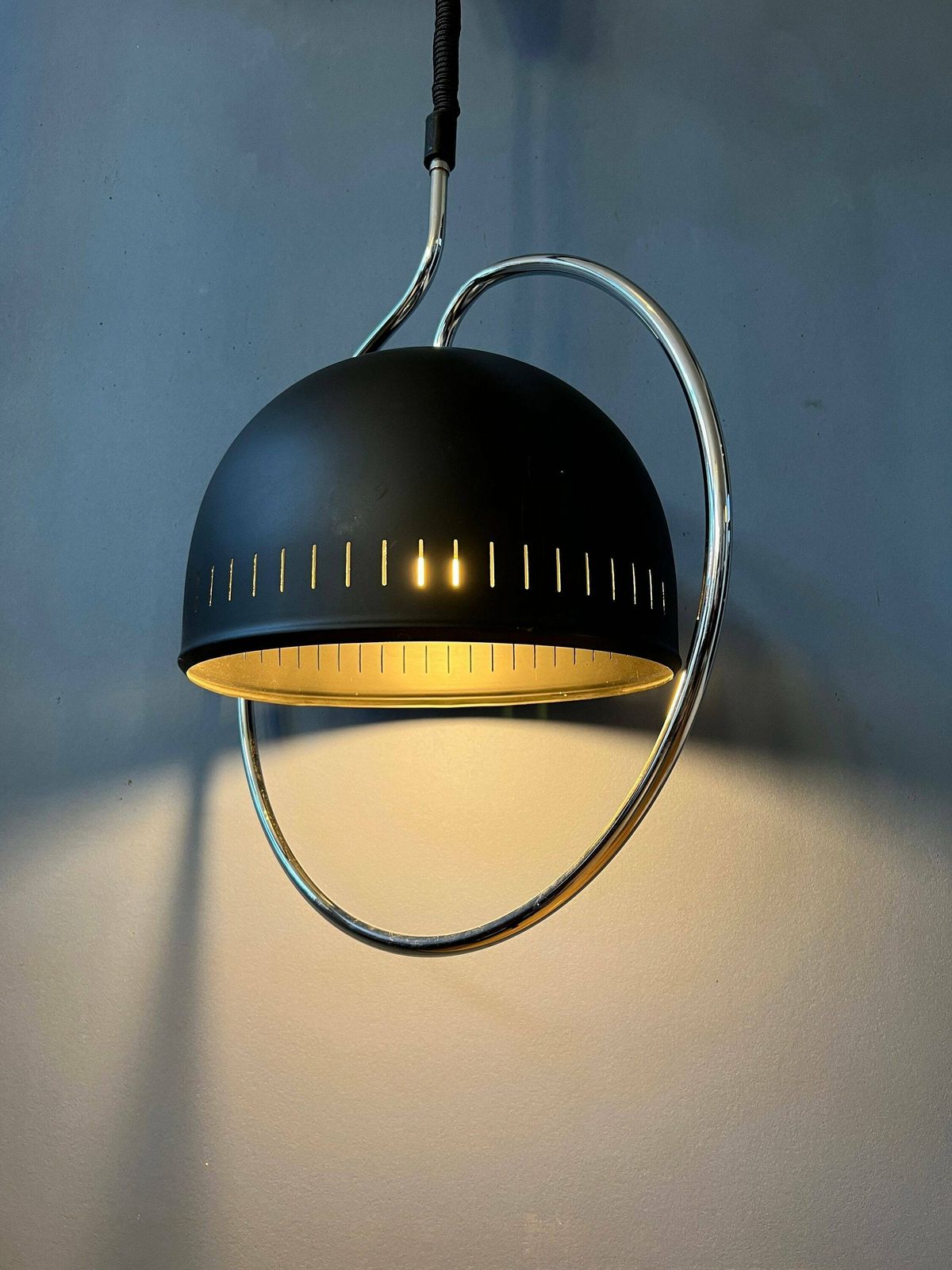 Dijkstra Space Age Hanging Lamp With Chrome Frame And Black Metal Shade