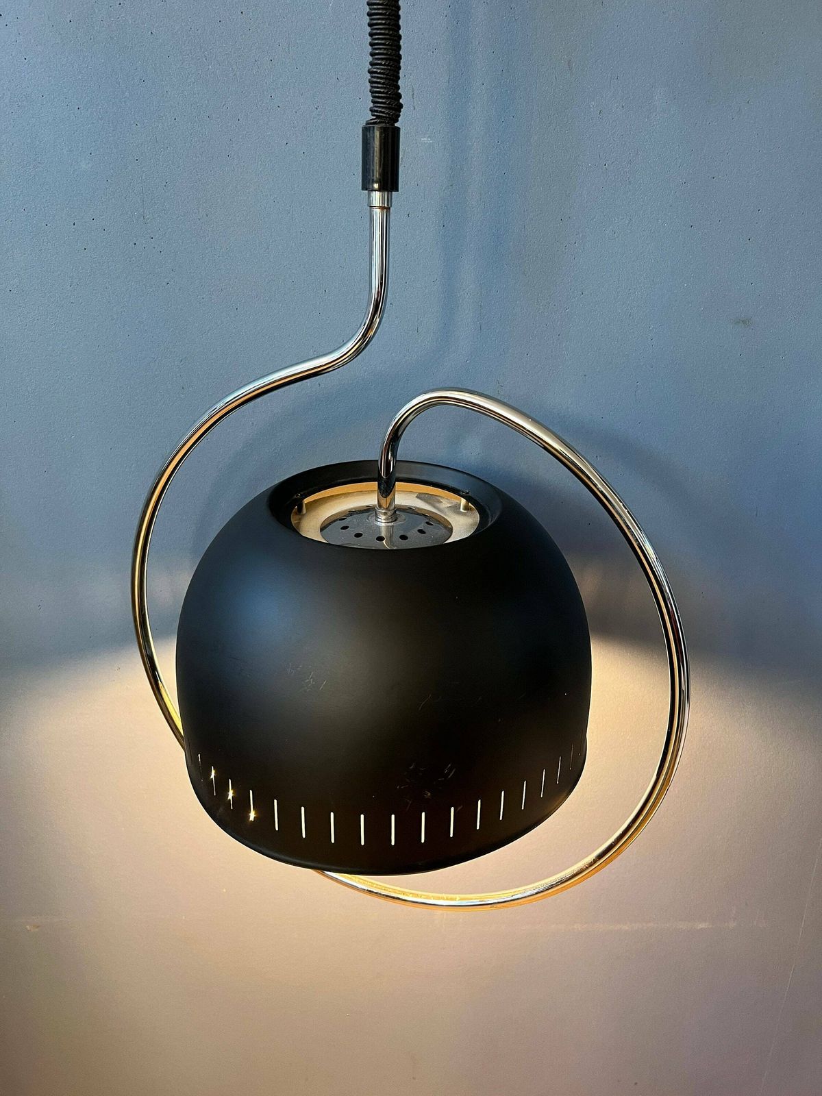 Dijkstra Space Age Hanging Lamp With Chrome Frame And Black Metal Shade photo Lighting