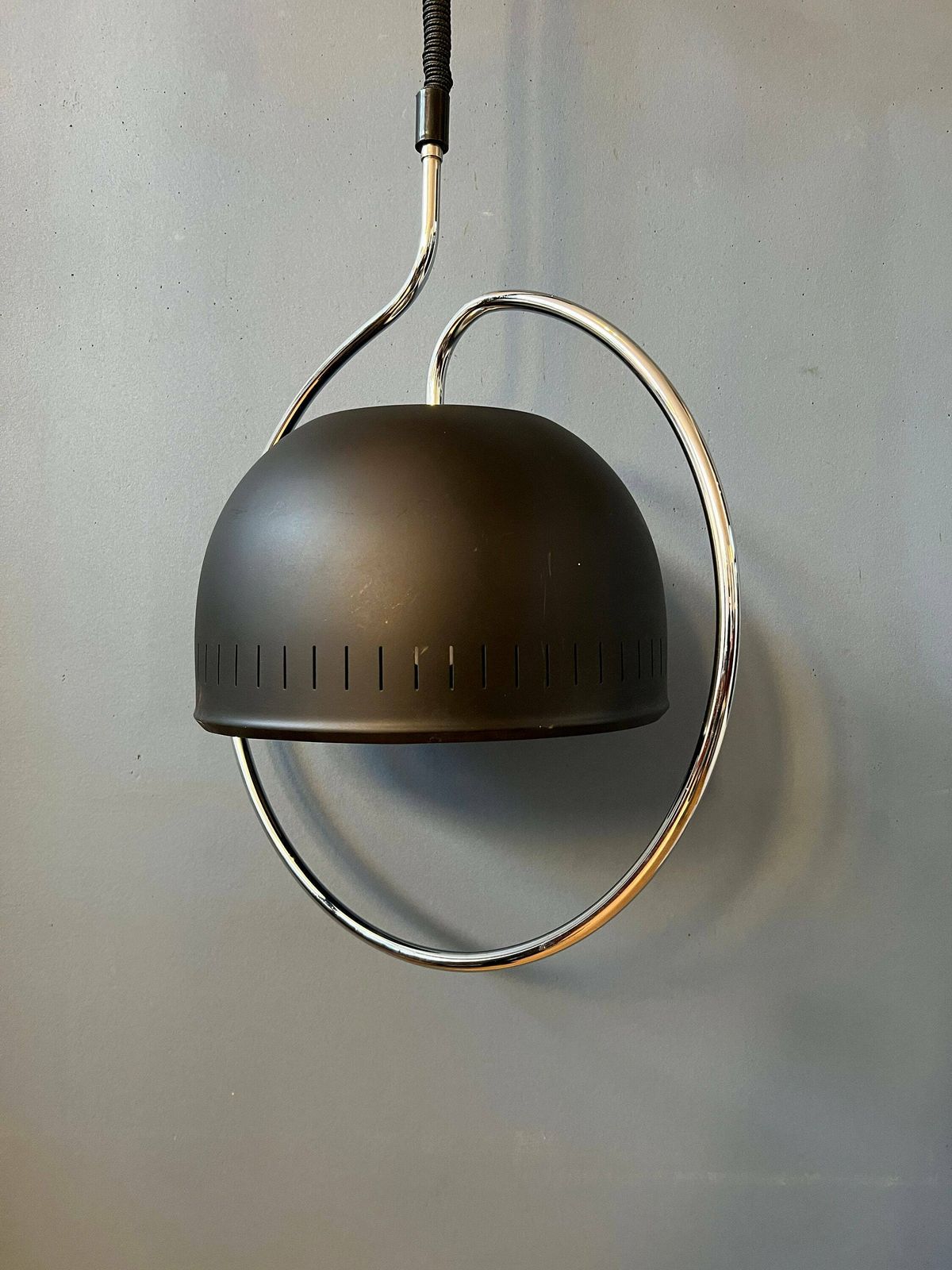 Dijkstra Space Age Hanging Lamp With Chrome Frame And Black Metal Shade photo vinterior