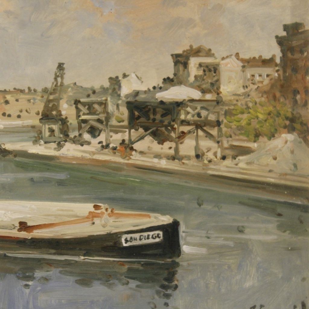 Italian Signed Landscape Painting View Of River With Boats photo vintage