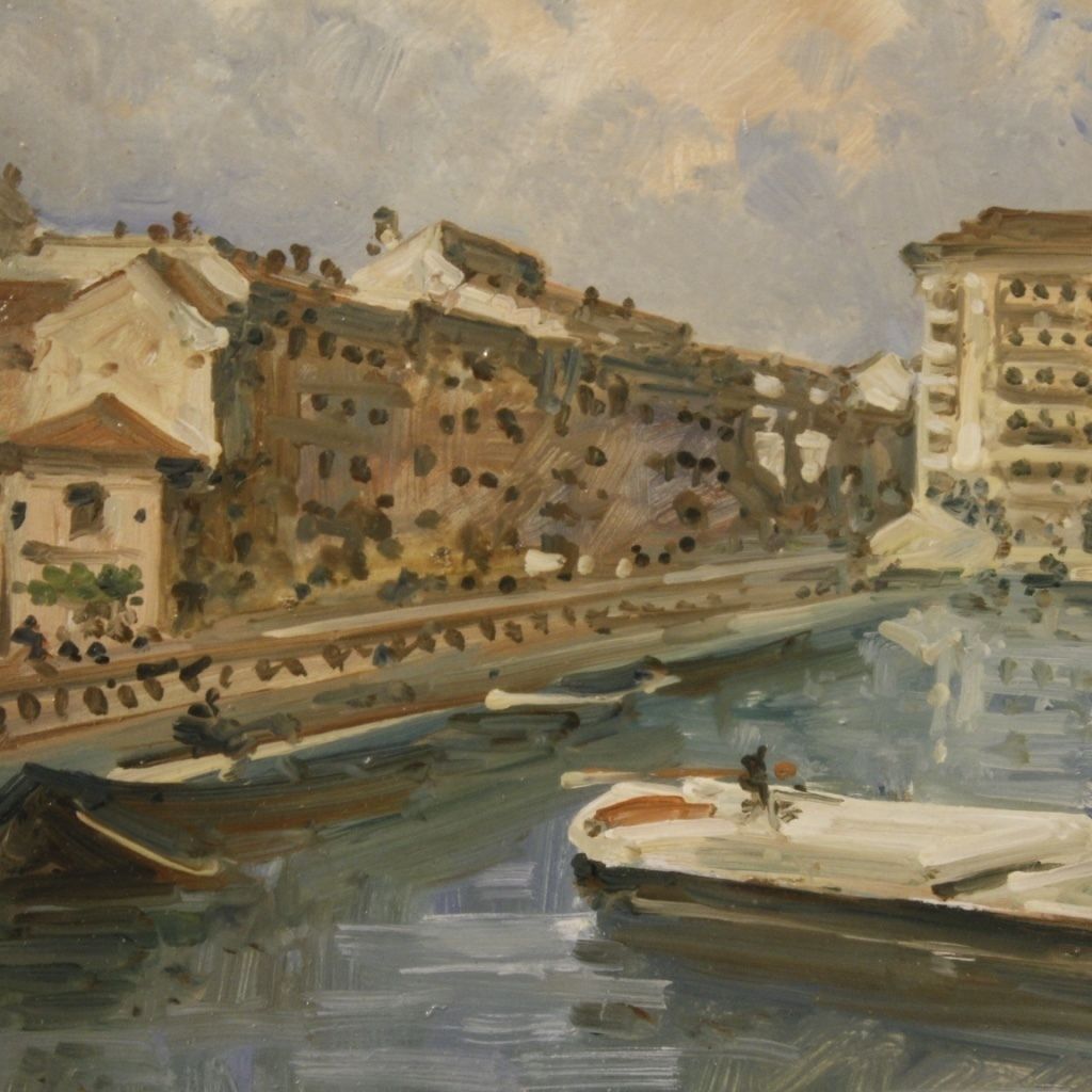 photo for sale Italian Signed Landscape Painting View Of River With Boats