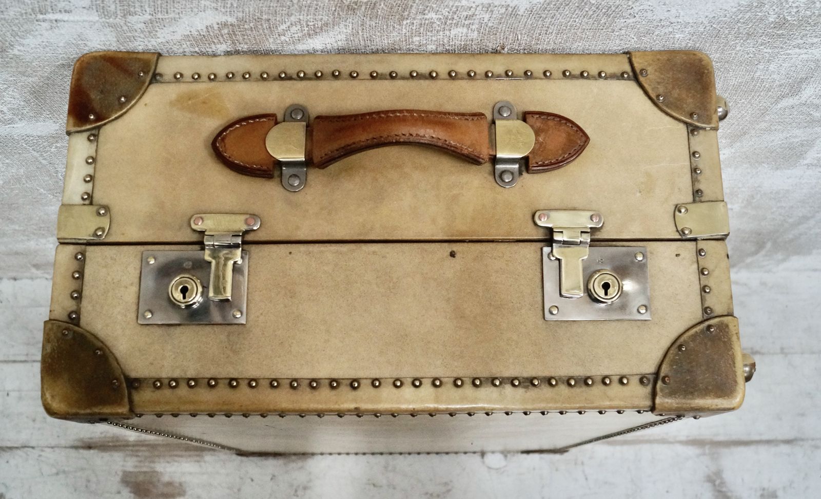 Furniture Antique Vellum Travel Trunk, 1910s photo